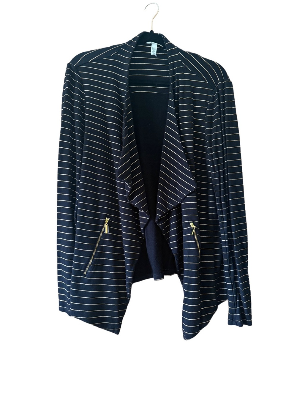 Striped Draped Open Front Cardigan with Gold Zippers - Black & Sparkly Gold